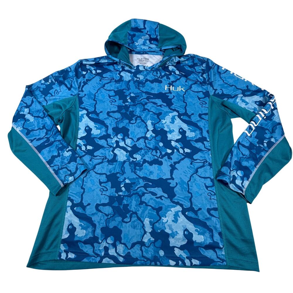 Huk Performance Lightweight Sun Protection Fishing Hoodie Blue Camo Men’s Sz XL
